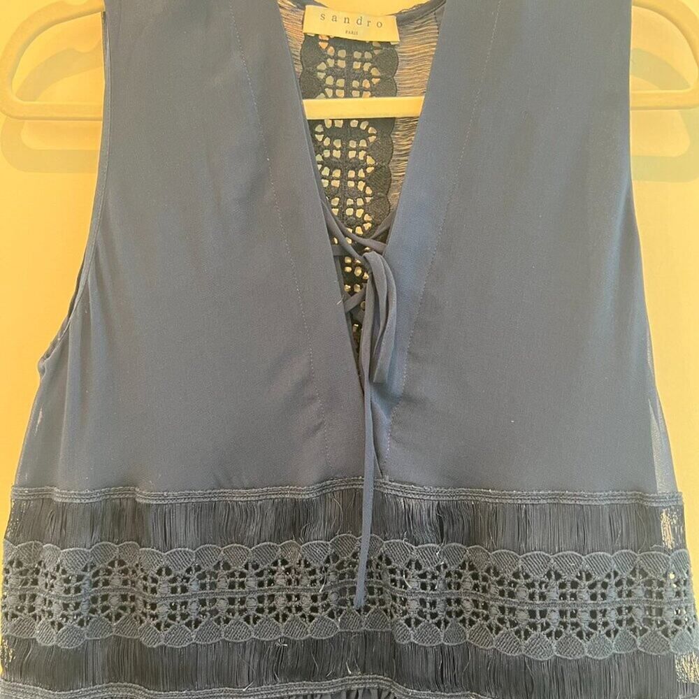 Sandro Paris Navy Blue Lace V-Neck Mini Dress Size 2 French Designer Party - Picture 5 of 7